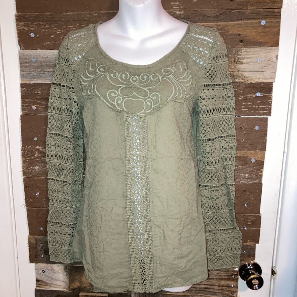 Olive green, crocheted sleeves, embroidered top.